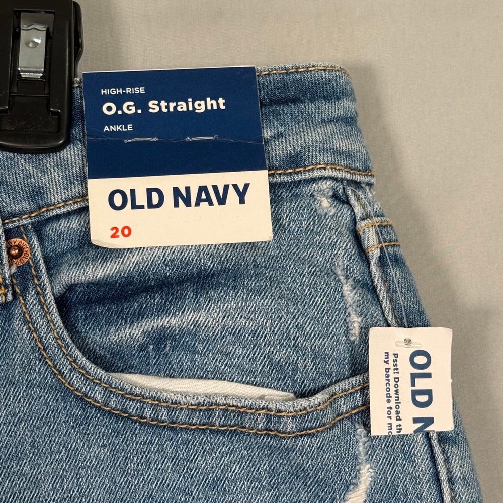 Old Navy OG Straight High Rise Ankle Jeans 20 Medium Light Wash Distressed NEW - Picture 3 of 11